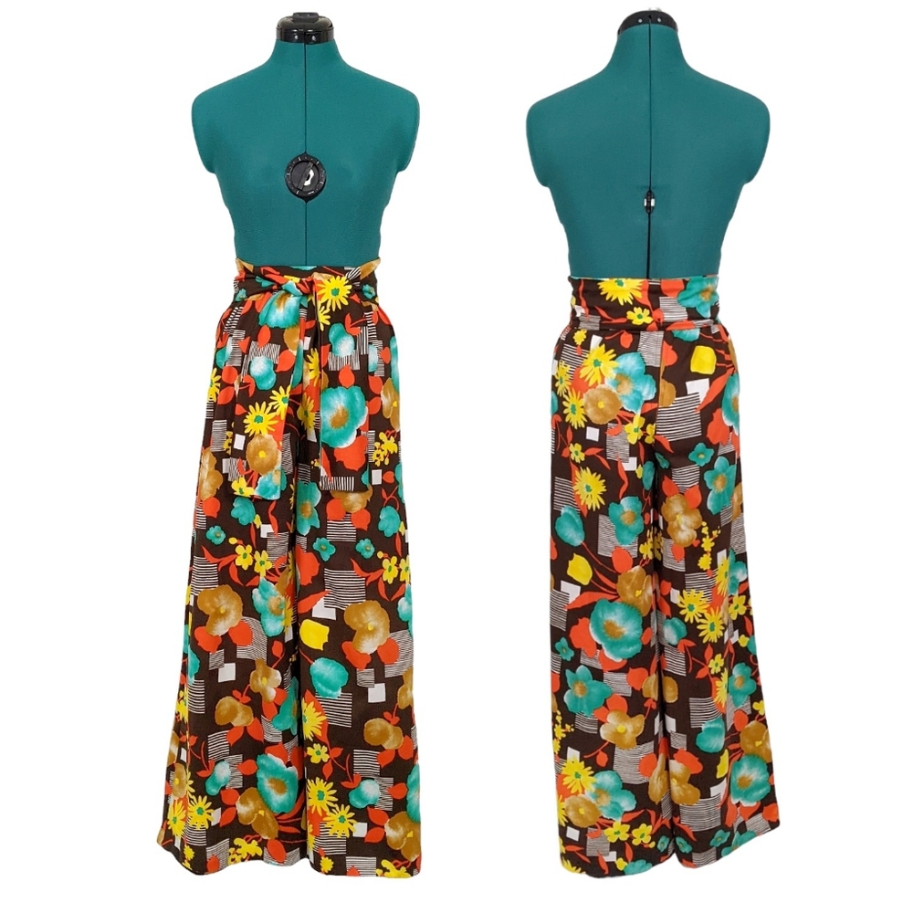 Rare 1960s Palazzo Pants Bellbottoms Vintage Flares XXS XS Flower Power - Picture 2 of 8